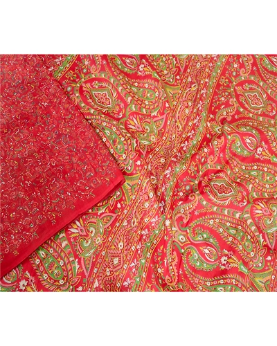 Sanskriti Vintage Sarees Red 100% Pure Silk Printed Floral Sari 5Yd Craft Fabric, PR-62747-Red-Pure Silk-2