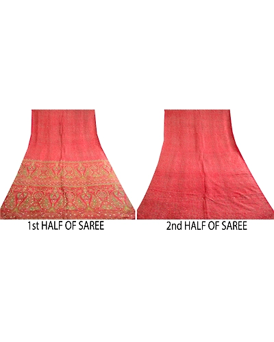 Sanskriti Vintage Sarees Red 100% Pure Silk Printed Floral Sari 5Yd Craft Fabric, PR-62747-Red-Pure Silk-4