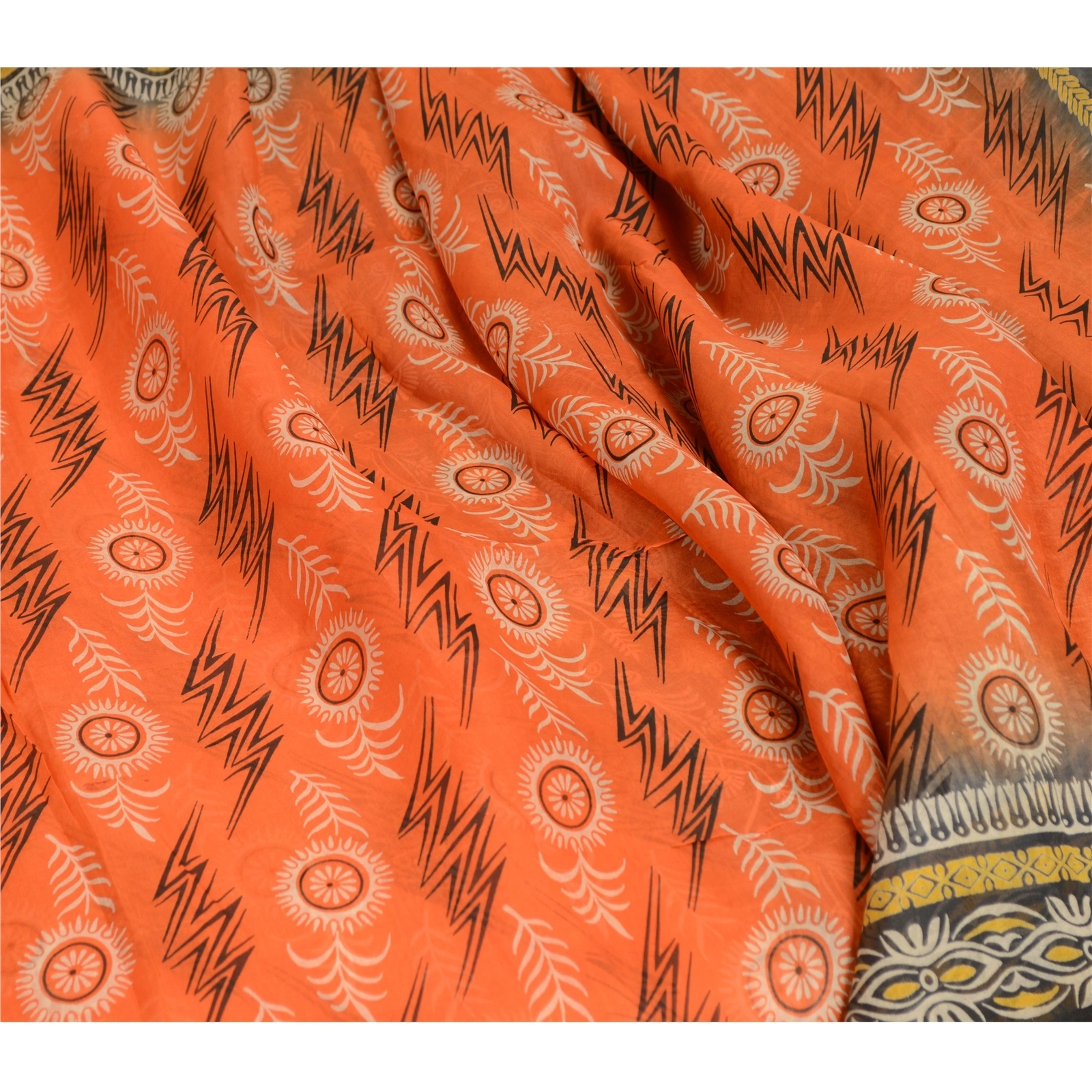 Sanskriti Vintage Sarees Indian Orange Pure Silk Printed Sari Soft Craft Fabric, PR-62754-Orange-Pure Silk-1