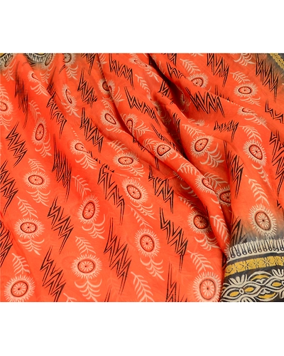 Sanskriti Vintage Sarees Indian Orange Pure Silk Printed Sari Soft Craft Fabric, PR-62754-Orange-Pure Silk-1