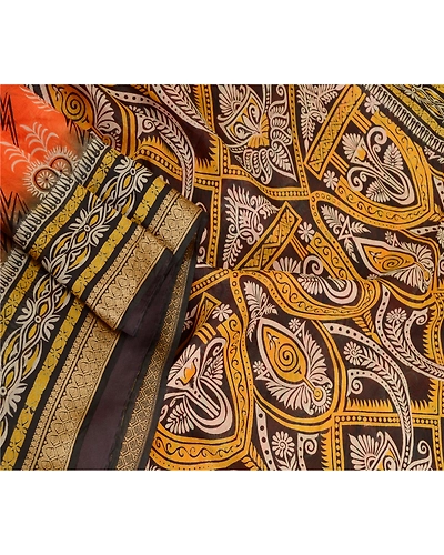 Sanskriti Vintage Sarees Indian Orange Pure Silk Printed Sari Soft Craft Fabric, PR-62754-Orange-Pure Silk-2
