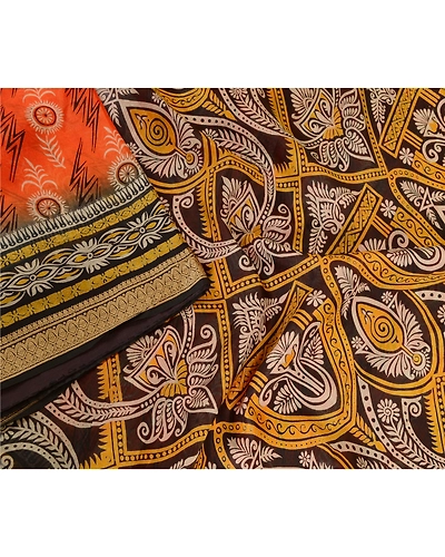 Sanskriti Vintage Sarees Indian Orange Pure Silk Printed Sari Soft Craft Fabric, PR-62754-Orange-Pure Silk-3