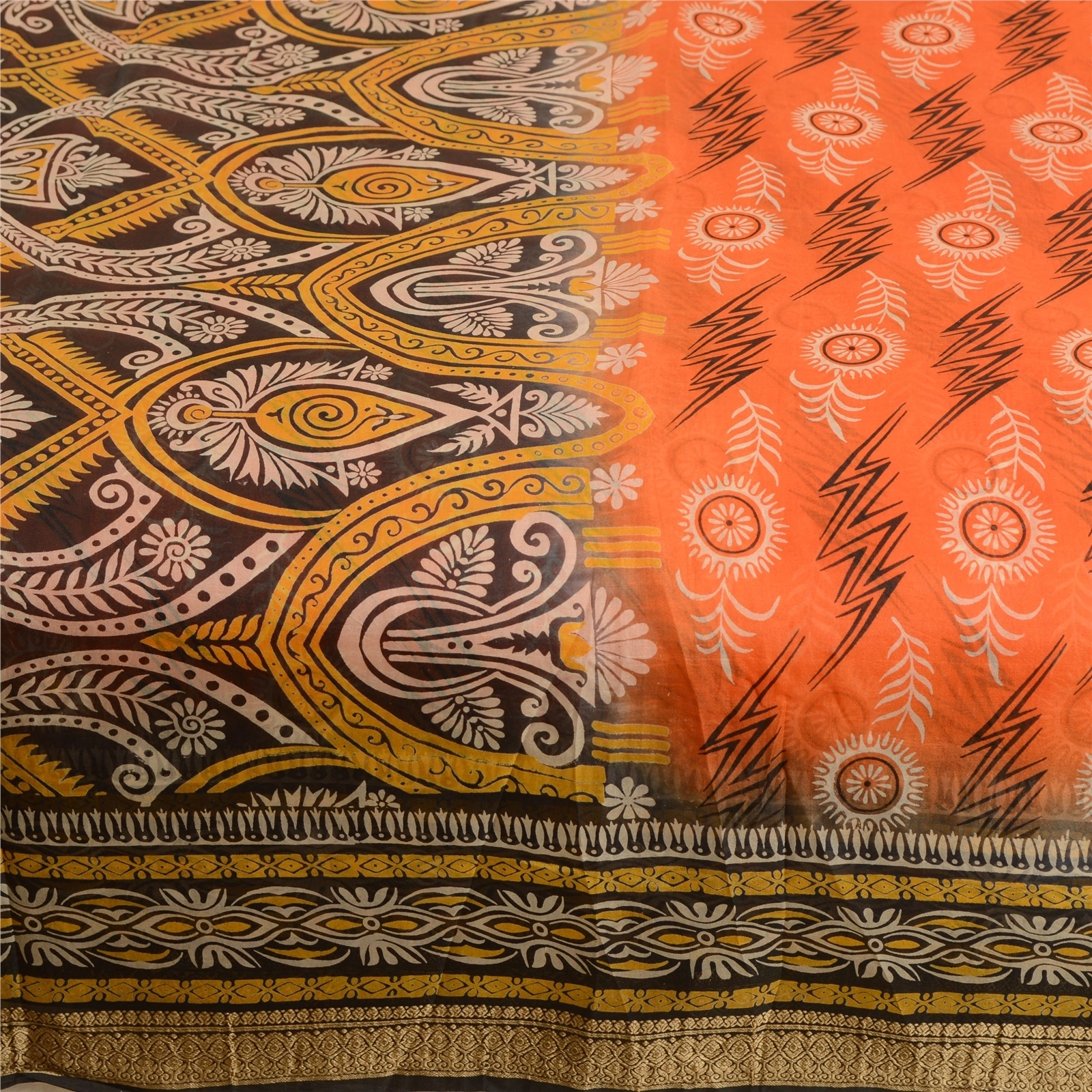 Sanskriti Vintage Sarees Indian Orange Pure Silk Printed Sari Soft Craft Fabric, PR-62754-Orange-Pure Silk-4