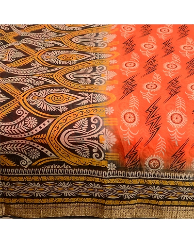 Sanskriti Vintage Sarees Indian Orange Pure Silk Printed Sari Soft Craft Fabric, PR-62754-Orange-Pure Silk-4