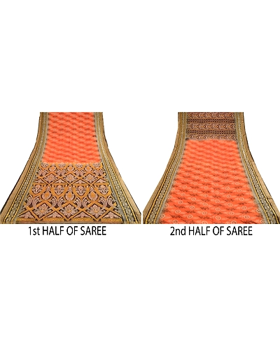Sanskriti Vintage Sarees Indian Orange Pure Silk Printed Sari Soft Craft Fabric, PR-62754-Orange-Pure Silk-5