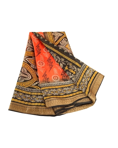 Sanskriti Vintage Sarees Indian Orange Pure Silk Printed Sari Soft Craft Fabric, PR-62754-Orange-Pure Silk-7
