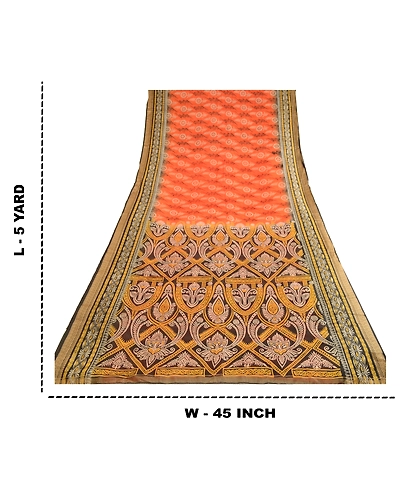 Sanskriti Vintage Sarees Indian Orange Pure Silk Printed Sari Soft Craft Fabric, PR-62754-Orange-Pure Silk-9