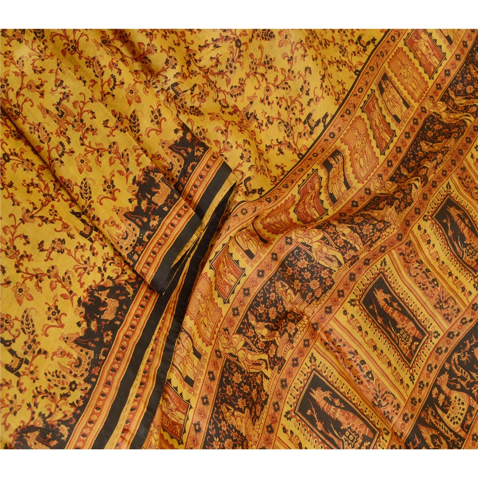 Sanskriti Vintage Sarees Saffron Human Animal Pure Silk Print Sari Craft Fabric, PR-62758-Saffron-Pure Silk-1