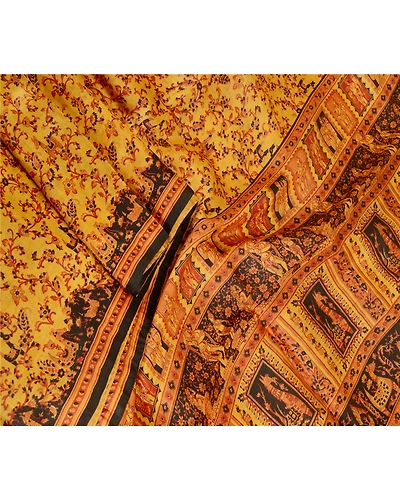 Sanskriti Vintage Sarees Saffron Human Animal Pure Silk Print Sari Craft Fabric, PR-62758-Saffron-Pure Silk-1