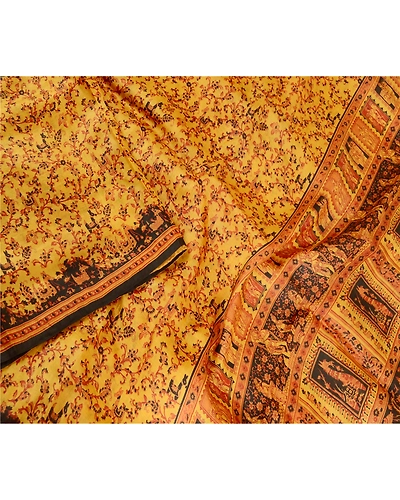 Sanskriti Vintage Sarees Saffron Human Animal Pure Silk Print Sari Craft Fabric, PR-62758-Saffron-Pure Silk-2