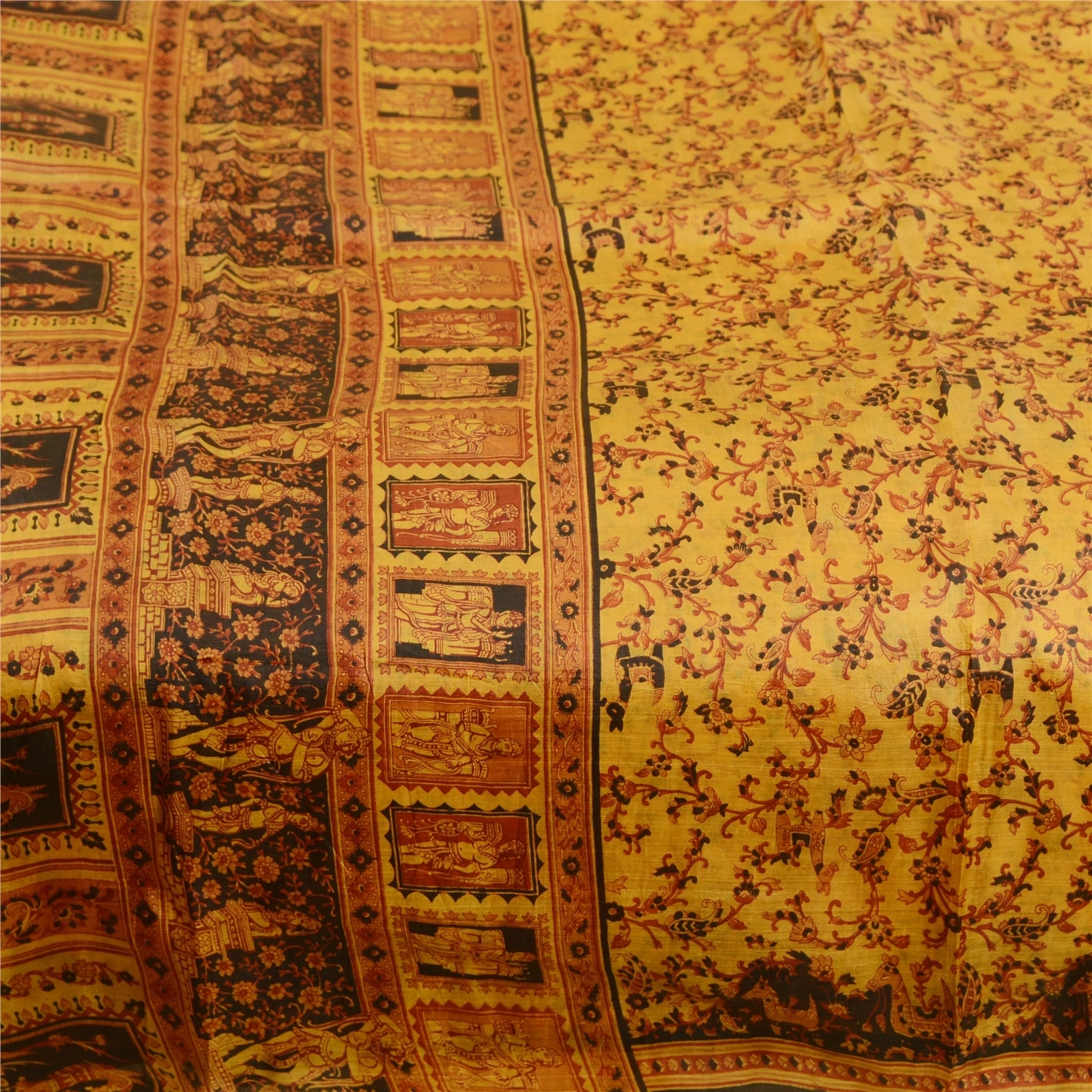 Sanskriti Vintage Sarees Saffron Human Animal Pure Silk Print Sari Craft Fabric, PR-62758-Saffron-Pure Silk-3