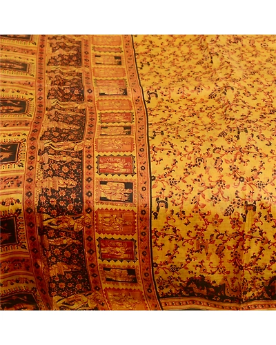 Sanskriti Vintage Sarees Saffron Human Animal Pure Silk Print Sari Craft Fabric, PR-62758-Saffron-Pure Silk-3