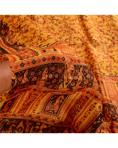 Sanskriti Vintage Sarees Saffron Human Animal Pure Silk Print Sari Craft Fabric, PR-62758-Saffron-Pure Silk-5