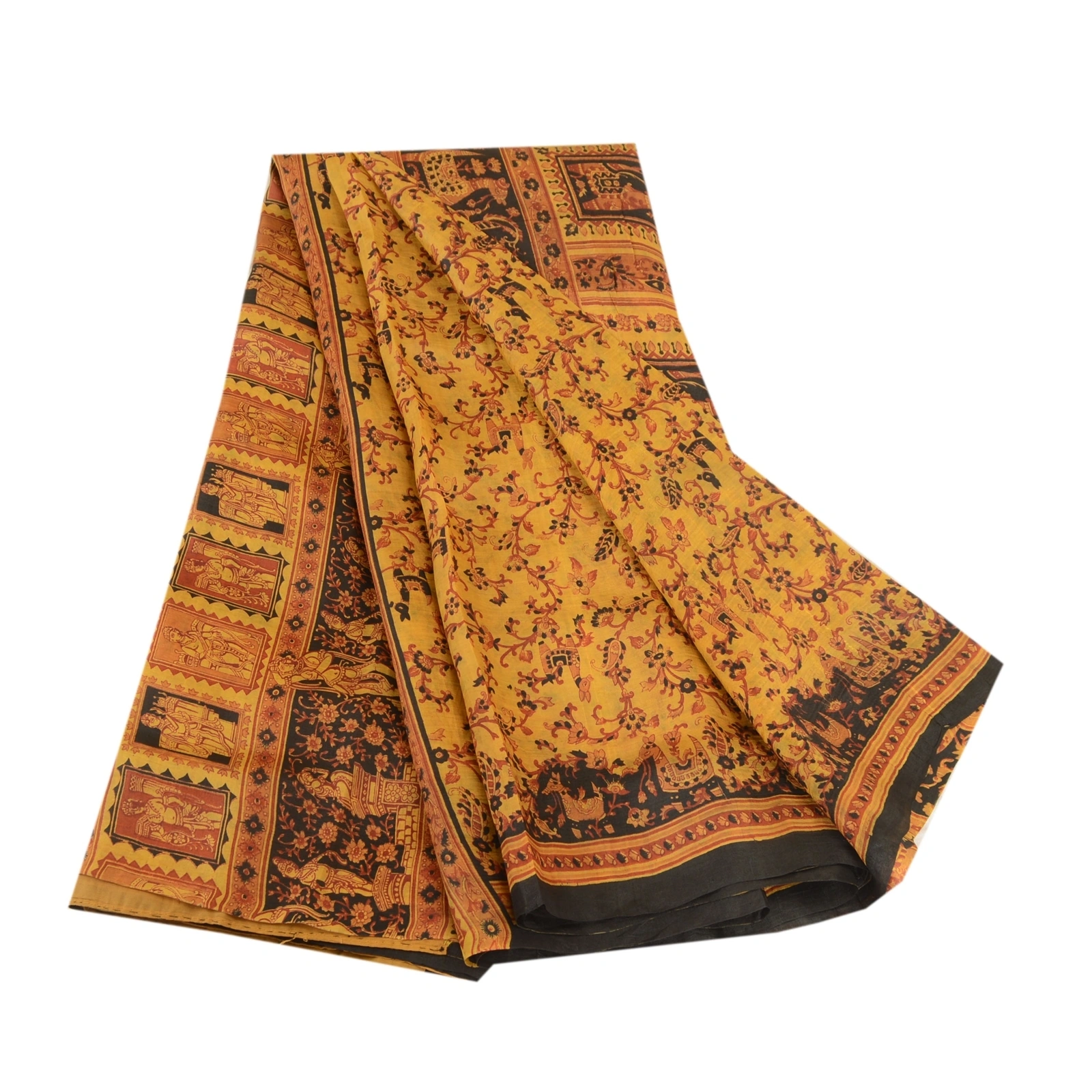 Sanskriti Vintage Sarees Saffron Human Animal Pure Silk Print Sari Craft Fabric, PR-62758-Saffron-Pure Silk-6