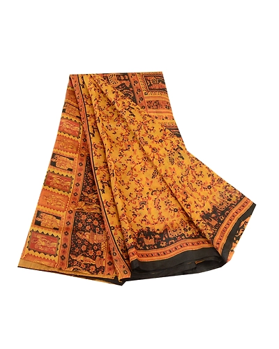 Sanskriti Vintage Sarees Saffron Human Animal Pure Silk Print Sari Craft Fabric, PR-62758-Saffron-Pure Silk-6