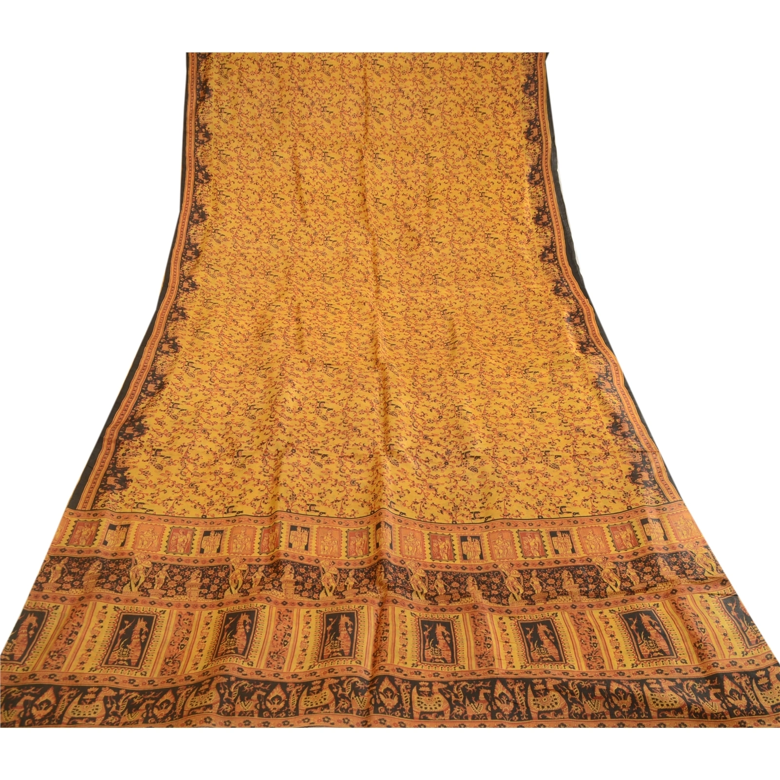 Sanskriti Vintage Sarees Saffron Human Animal Pure Silk Print Sari Craft Fabric, PR-62758-Saffron-Pure Silk-7