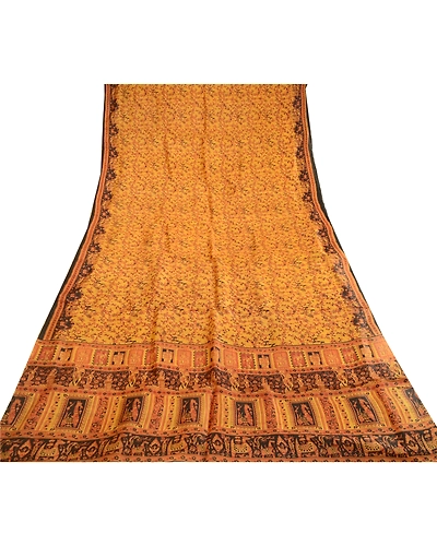 Sanskriti Vintage Sarees Saffron Human Animal Pure Silk Print Sari Craft Fabric, PR-62758-Saffron-Pure Silk-7