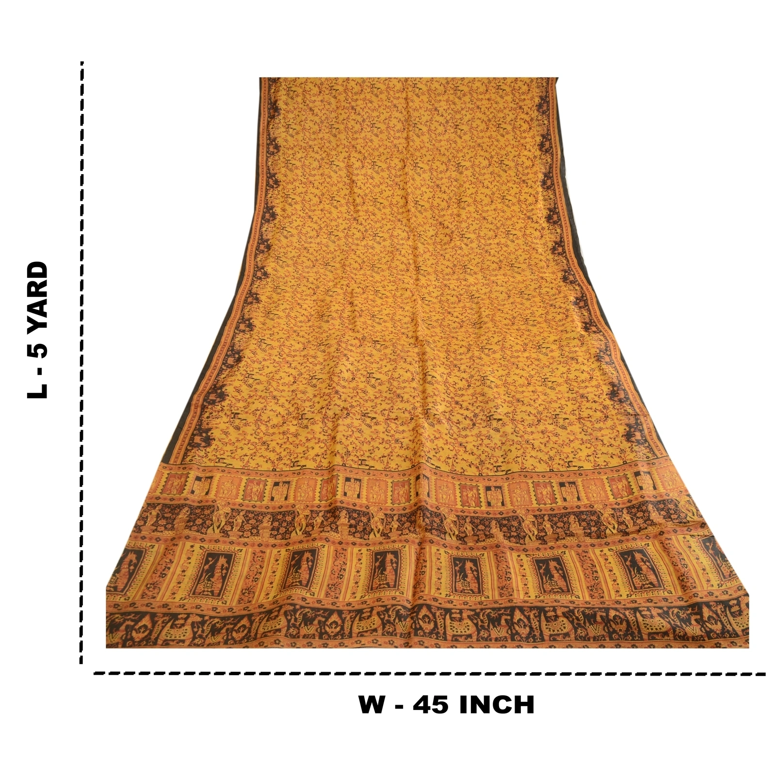 Sanskriti Vintage Sarees Saffron Human Animal Pure Silk Print Sari Craft Fabric, PR-62758-Saffron-Pure Silk-8