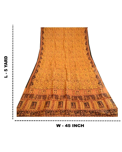 Sanskriti Vintage Sarees Saffron Human Animal Pure Silk Print Sari Craft Fabric, PR-62758-Saffron-Pure Silk-8