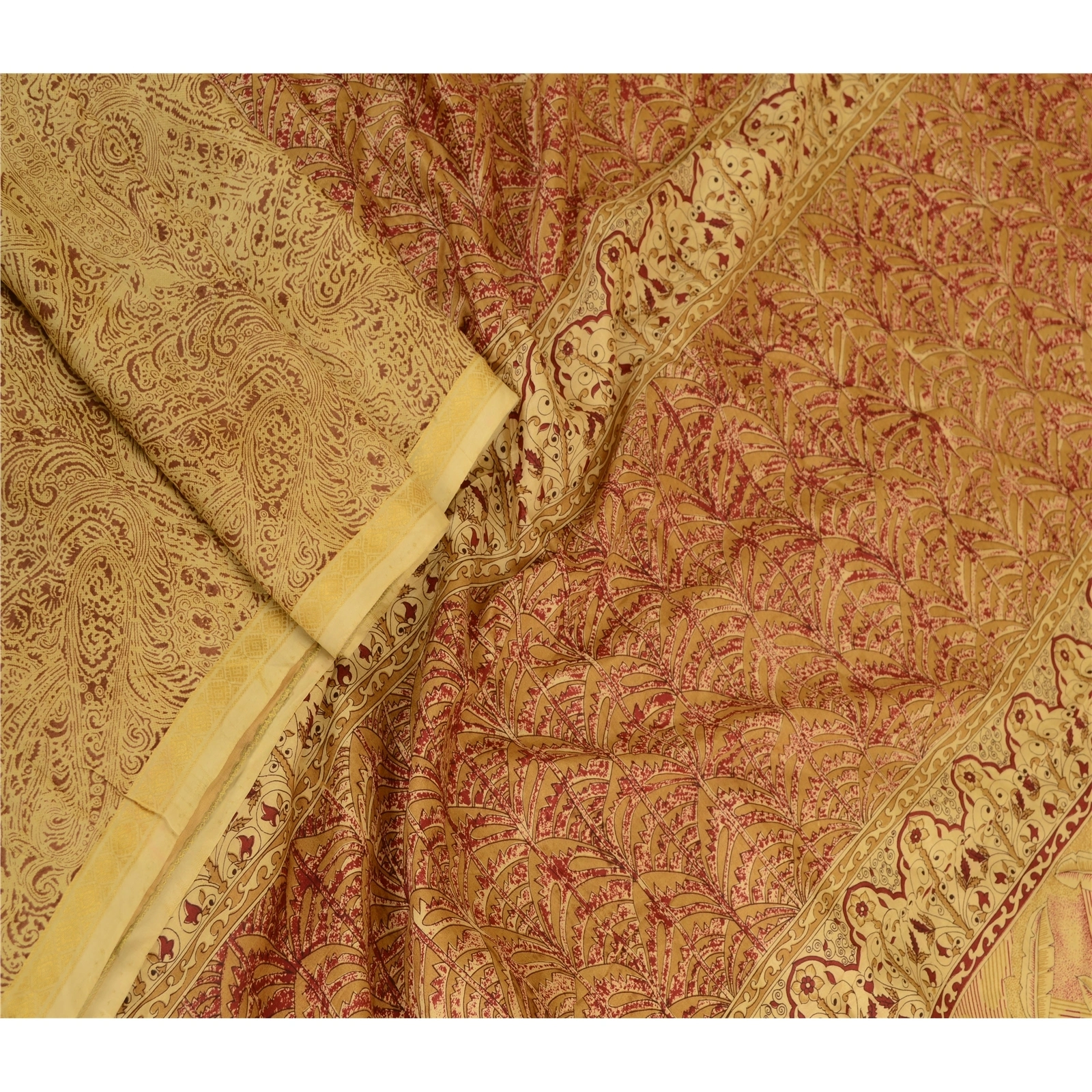 Sanskriti Vintage Sarees Shades Of Beige Pure Silk Printed Sari 5Yd Craft Fabric, PR-62759-Beige-Pure Silk-2