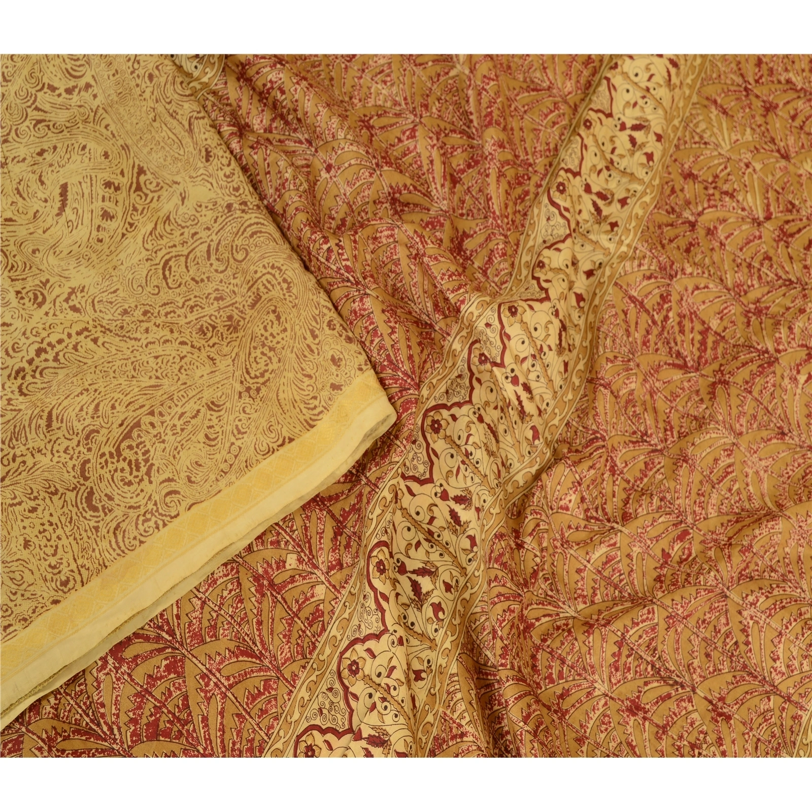 Sanskriti Vintage Sarees Shades Of Beige Pure Silk Printed Sari 5Yd Craft Fabric, PR-62759-Beige-Pure Silk-3