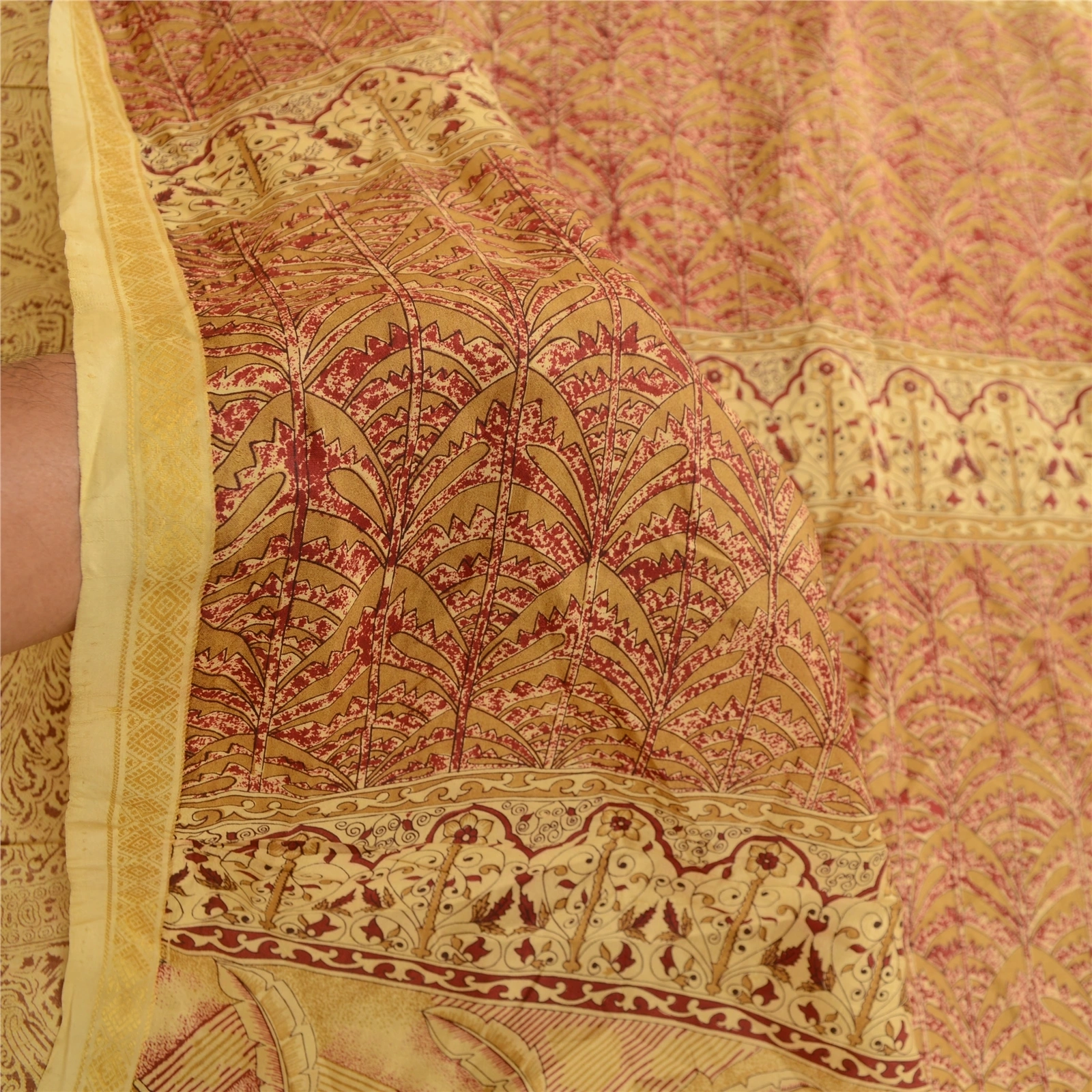 Sanskriti Vintage Sarees Shades Of Beige Pure Silk Printed Sari 5Yd Craft Fabric, PR-62759-Beige-Pure Silk-6