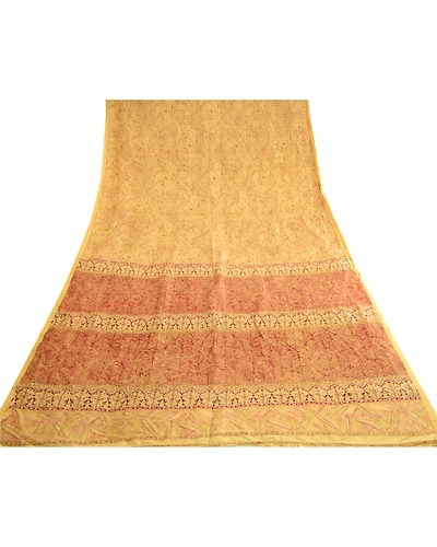Sanskriti Vintage Sarees Shades Of Beige Pure Silk Printed Sari 5Yd Craft Fabric, PR-62759-Beige-Pure Silk-8