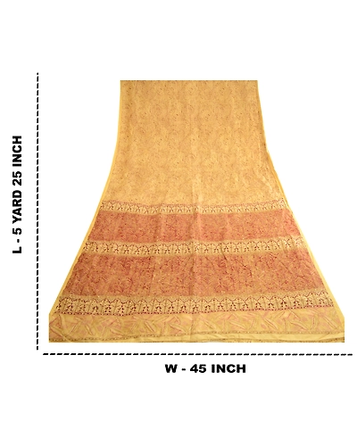 Sanskriti Vintage Sarees Shades Of Beige Pure Silk Printed Sari 5Yd Craft Fabric, PR-62759-Beige-Pure Silk-9