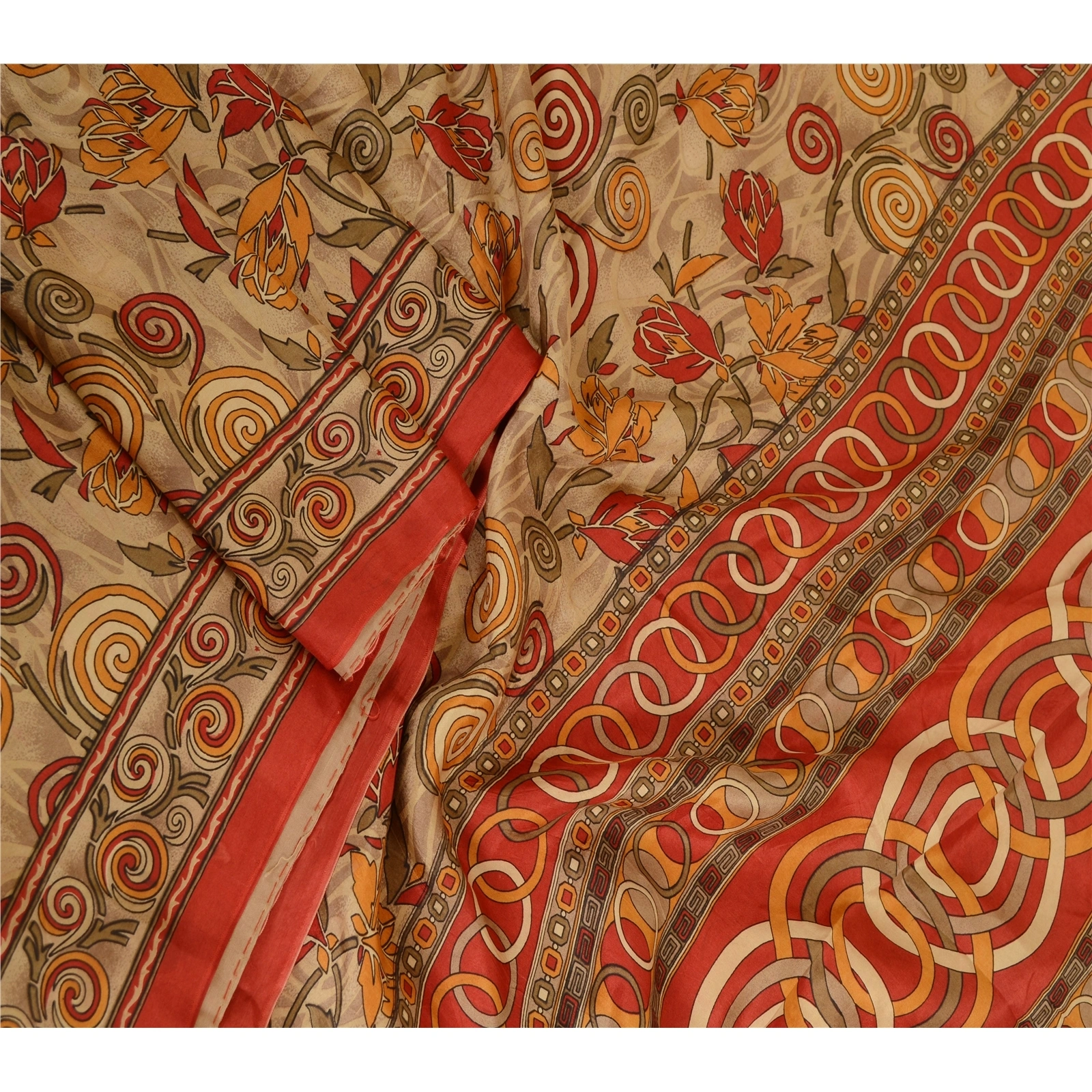 Sanskriti Vintage Sarees Pale Cream &amp; Red Pure Silk Printed Sari Craft Fabric, PR-62761-Pale Cream &amp; Red-Pure Silk-1