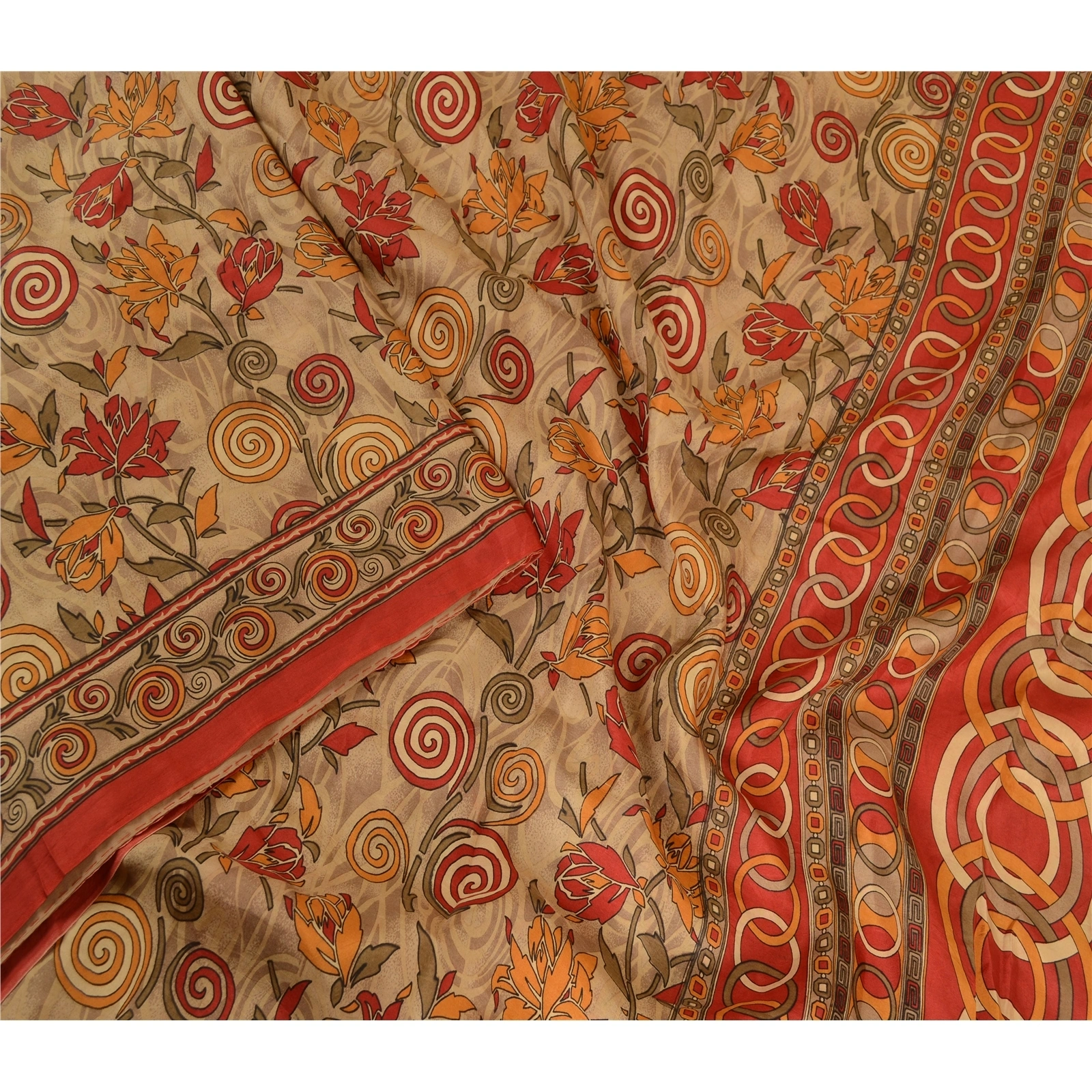 Sanskriti Vintage Sarees Pale Cream &amp; Red Pure Silk Printed Sari Craft Fabric, PR-62761-Pale Cream &amp; Red-Pure Silk-2