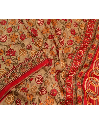 Sanskriti Vintage Sarees Pale Cream &amp; Red Pure Silk Printed Sari Craft Fabric, PR-62761-Pale Cream &amp; Red-Pure Silk-2