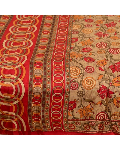 Sanskriti Vintage Sarees Pale Cream &amp; Red Pure Silk Printed Sari Craft Fabric, PR-62761-Pale Cream &amp; Red-Pure Silk-3