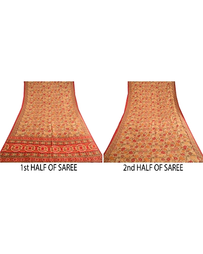 Sanskriti Vintage Sarees Pale Cream &amp; Red Pure Silk Printed Sari Craft Fabric, PR-62761-Pale Cream &amp; Red-Pure Silk-4