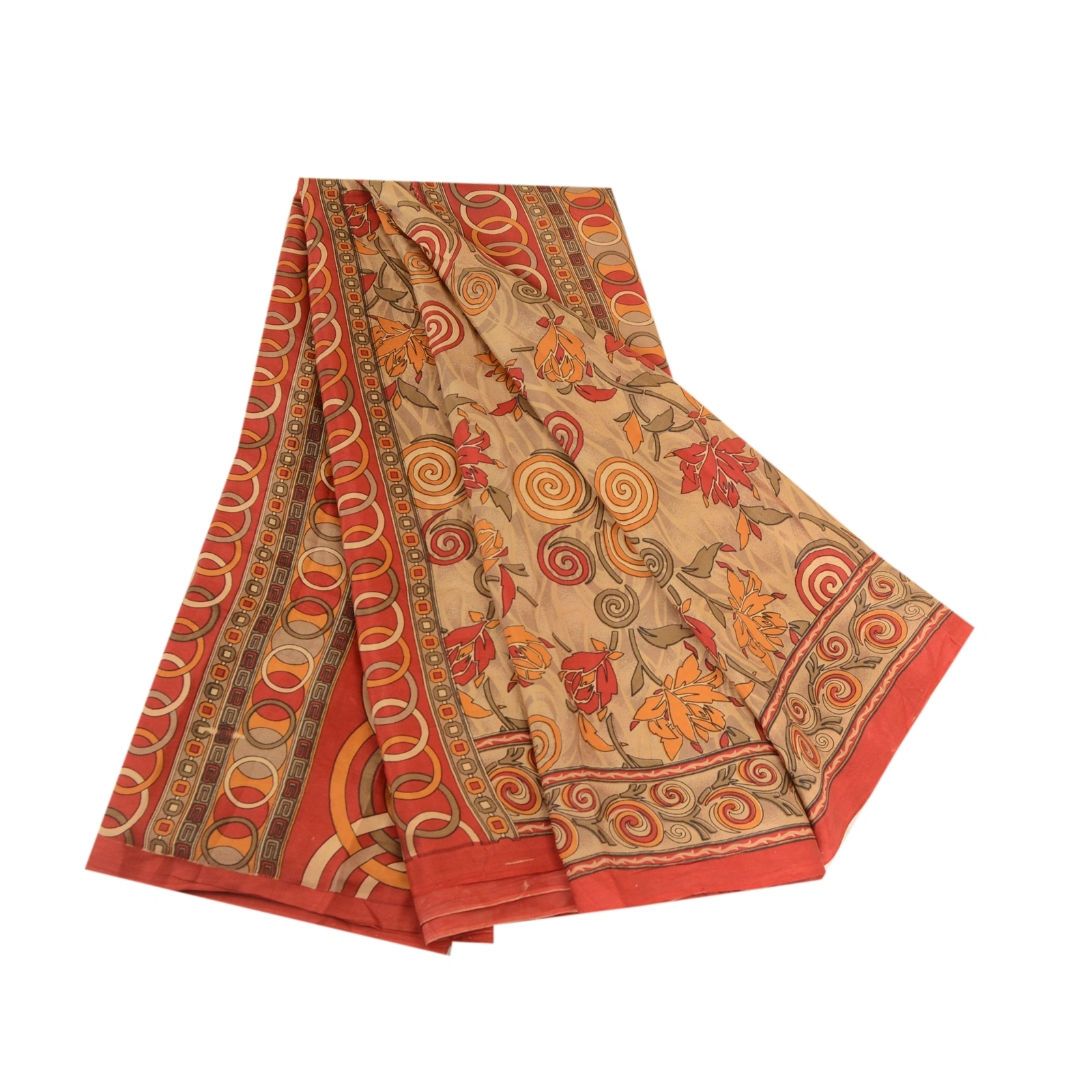 Sanskriti Vintage Sarees Pale Cream &amp; Red Pure Silk Printed Sari Craft Fabric, PR-62761-Pale Cream &amp; Red-Pure Silk-6