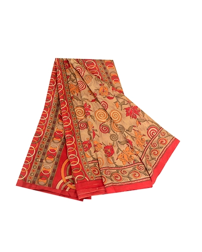 Sanskriti Vintage Sarees Pale Cream &amp; Red Pure Silk Printed Sari Craft Fabric, PR-62761-Pale Cream &amp; Red-Pure Silk-6