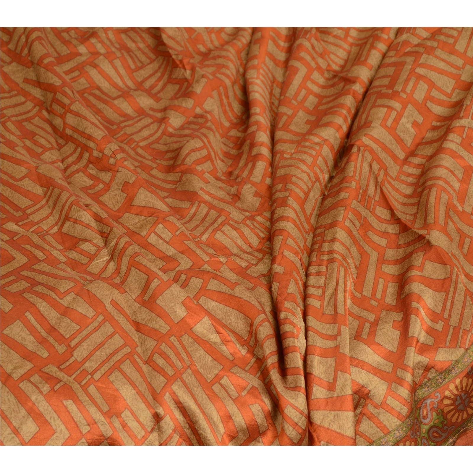 Sanskriti Vintage Sarees Orange 100% Pure Silk Printed Sari Soft Craft Fabric, PR-62763-Orange-Pure Silk-1