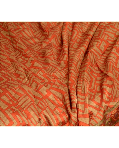Sanskriti Vintage Sarees Orange 100% Pure Silk Printed Sari Soft Craft Fabric, PR-62763-Orange-Pure Silk-1
