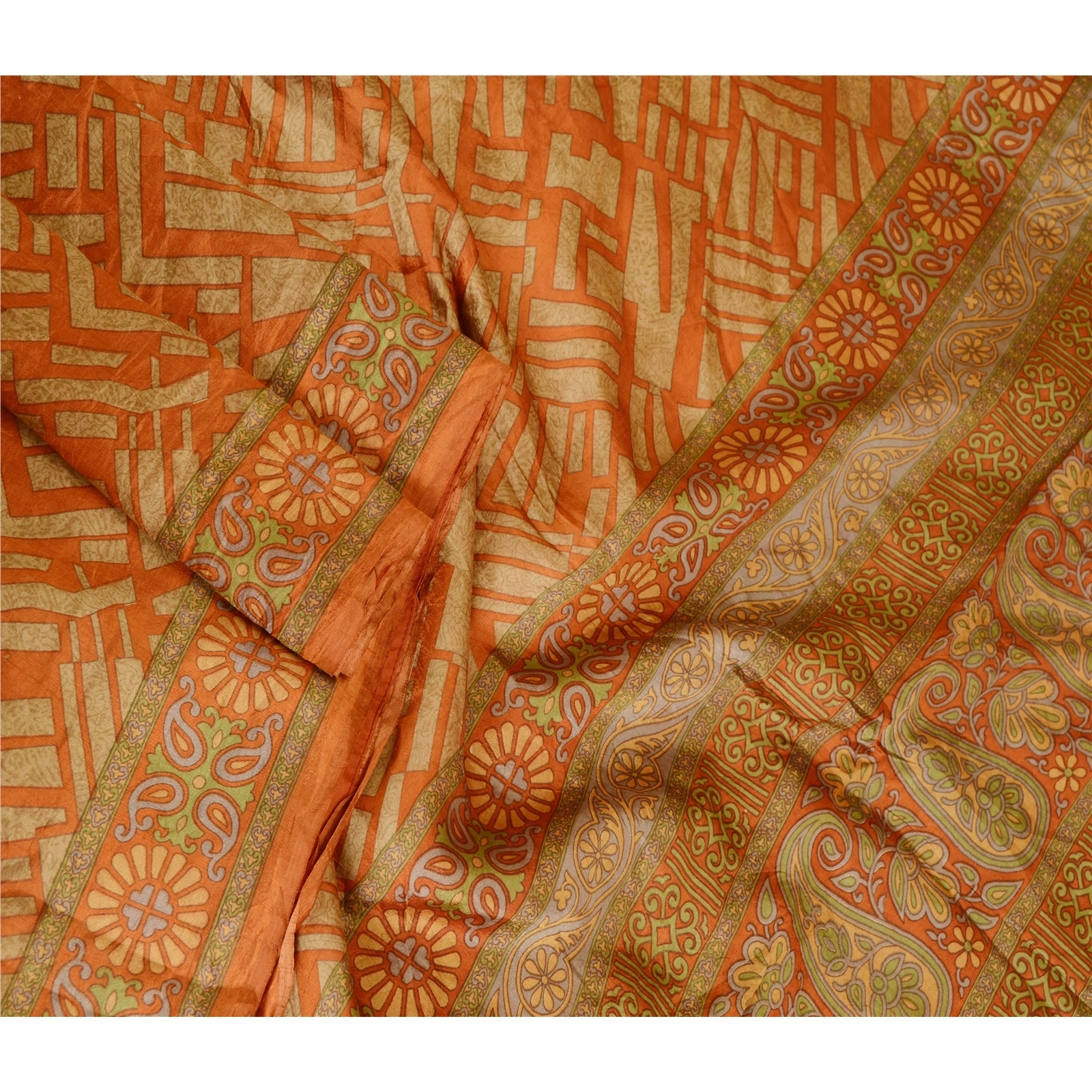 Sanskriti Vintage Sarees Orange 100% Pure Silk Printed Sari Soft Craft Fabric, PR-62763-Orange-Pure Silk-2