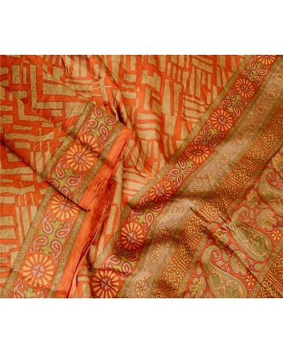 Sanskriti Vintage Sarees Orange 100% Pure Silk Printed Sari Soft Craft Fabric, PR-62763-Orange-Pure Silk-2
