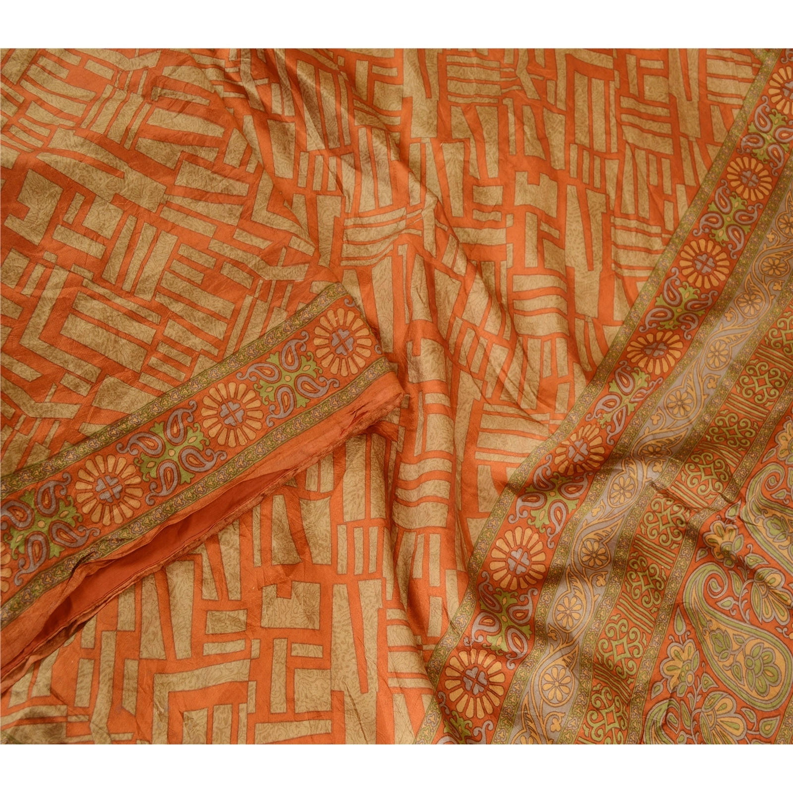 Sanskriti Vintage Sarees Orange 100% Pure Silk Printed Sari Soft Craft Fabric, PR-62763-Orange-Pure Silk-3