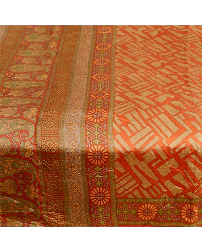 Sanskriti Vintage Sarees Orange 100% Pure Silk Printed Sari Soft Craft Fabric, PR-62763-Orange-Pure Silk-4