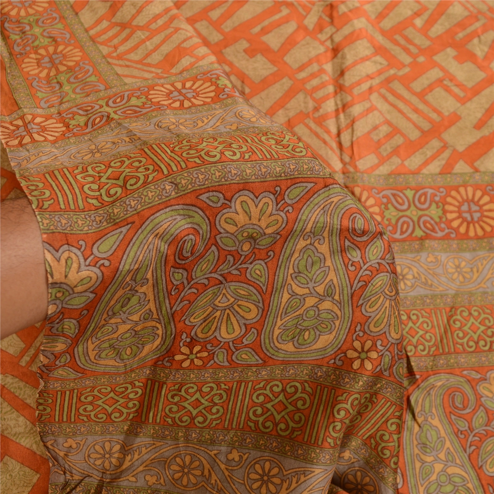 Sanskriti Vintage Sarees Orange 100% Pure Silk Printed Sari Soft Craft Fabric, PR-62763-Orange-Pure Silk-6