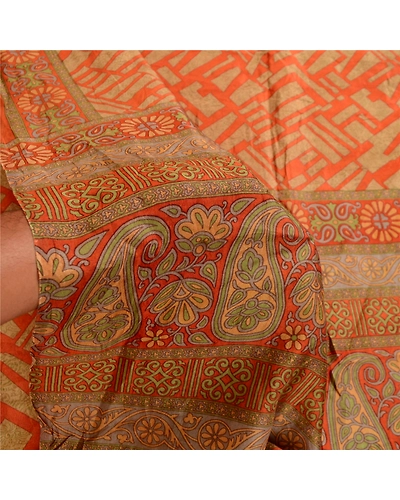 Sanskriti Vintage Sarees Orange 100% Pure Silk Printed Sari Soft Craft Fabric, PR-62763-Orange-Pure Silk-6