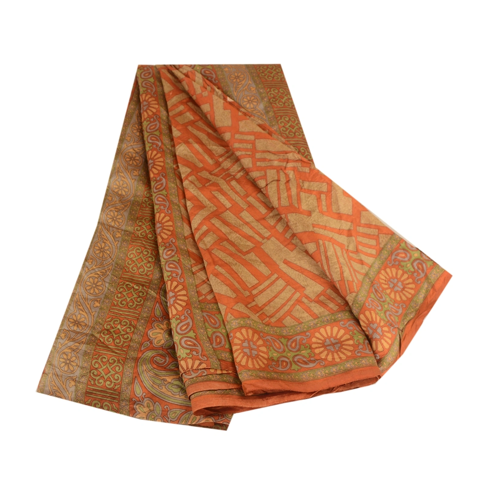 Sanskriti Vintage Sarees Orange 100% Pure Silk Printed Sari Soft Craft Fabric, PR-62763-Orange-Pure Silk-7