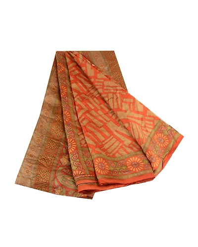 Sanskriti Vintage Sarees Orange 100% Pure Silk Printed Sari Soft Craft Fabric, PR-62763-Orange-Pure Silk-7