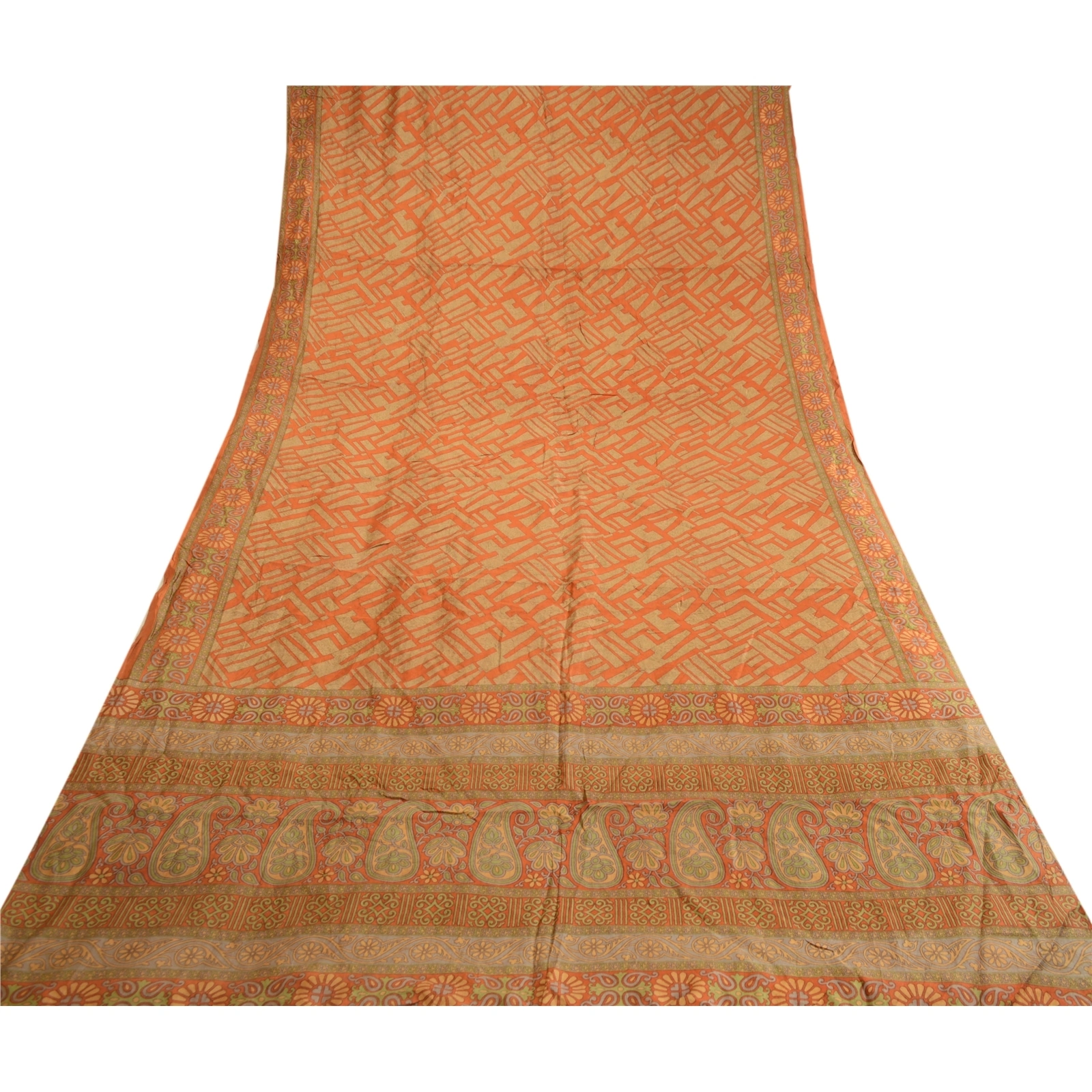 Sanskriti Vintage Sarees Orange 100% Pure Silk Printed Sari Soft Craft Fabric, PR-62763-Orange-Pure Silk-8