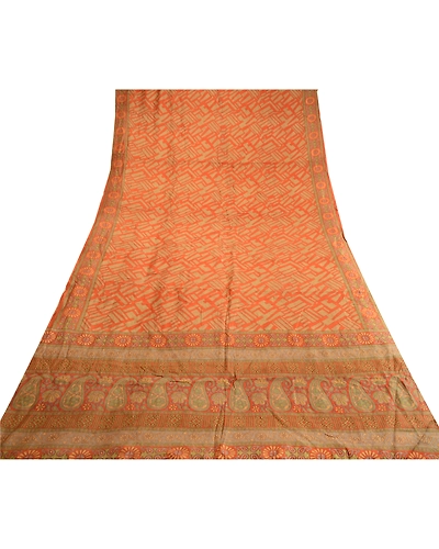 Sanskriti Vintage Sarees Orange 100% Pure Silk Printed Sari Soft Craft Fabric, PR-62763-Orange-Pure Silk-8