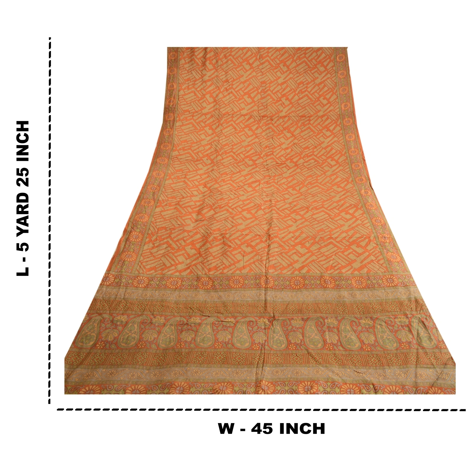 Sanskriti Vintage Sarees Orange 100% Pure Silk Printed Sari Soft Craft Fabric, PR-62763-Orange-Pure Silk-9