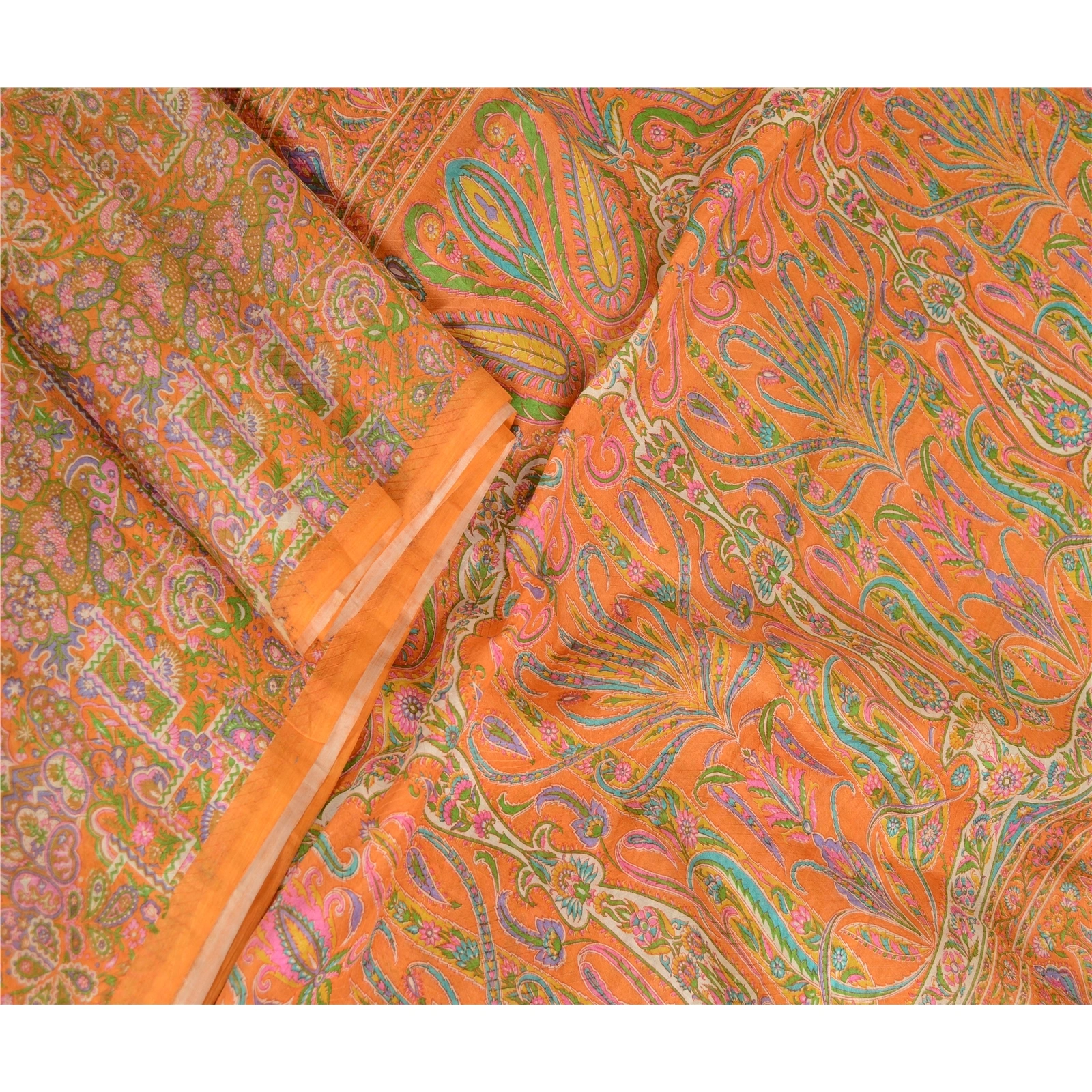 Sanskriti Vintage Sarees Orange Pure Silk Printed Woven Sari 5Yd Craft Fabric, PR-62764-Orange-Pure Silk-1