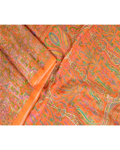 Sanskriti Vintage Sarees Orange Pure Silk Printed Woven Sari 5Yd Craft Fabric, PR-62764-Orange-Pure Silk-1